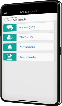 SCRAM TouchPoint check-in app showing messaging, check-in, reminders and documents